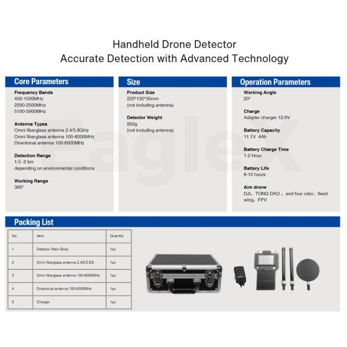 Handheld 3000 Meters FPV DJI Drone Detector 400MHz 2.4GHz 5.2G 5.8G Portable Detection 0